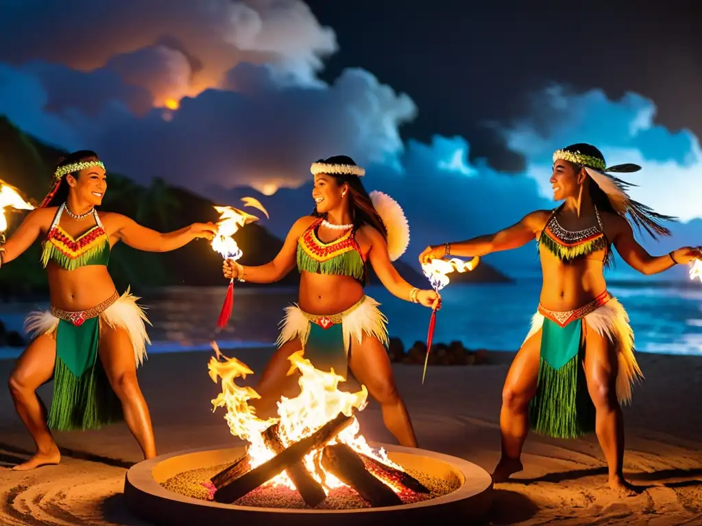 Un grupo de bailarines polinesios realizando movimientos con antorchas en una danza de fuego, iluminando la noche con destreza y pasión