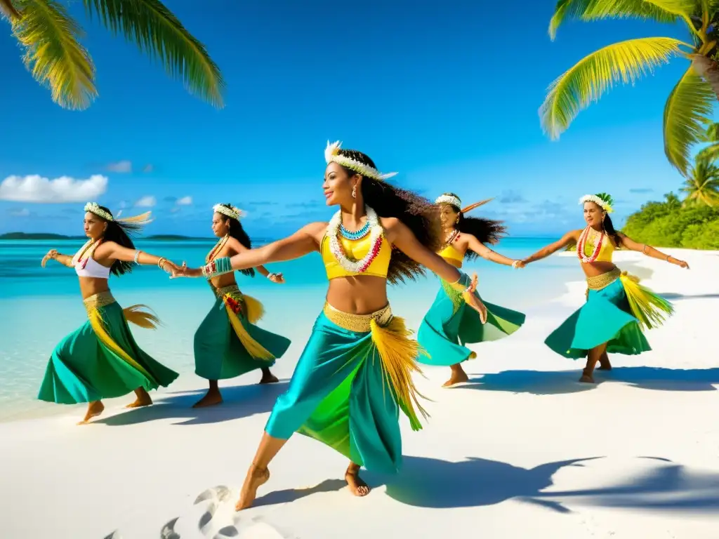 Grupo de bailarines polinesios practicando en una playa blanca, con palmeras verdes y el océano azul detrás de ellos