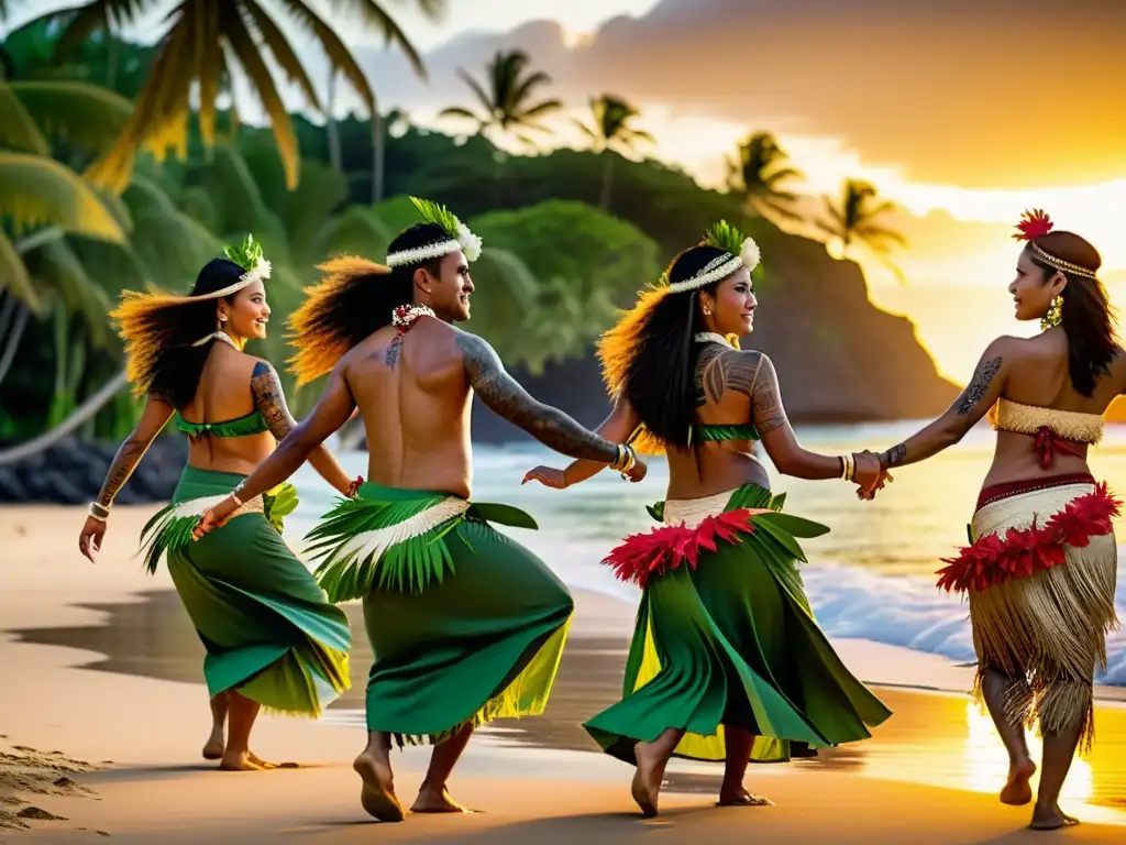 Grupo de bailarines polinesios en la playa al atardecer, con trajes tradicionales vibrantes, tatuajes intrincados y movimientos gráciles