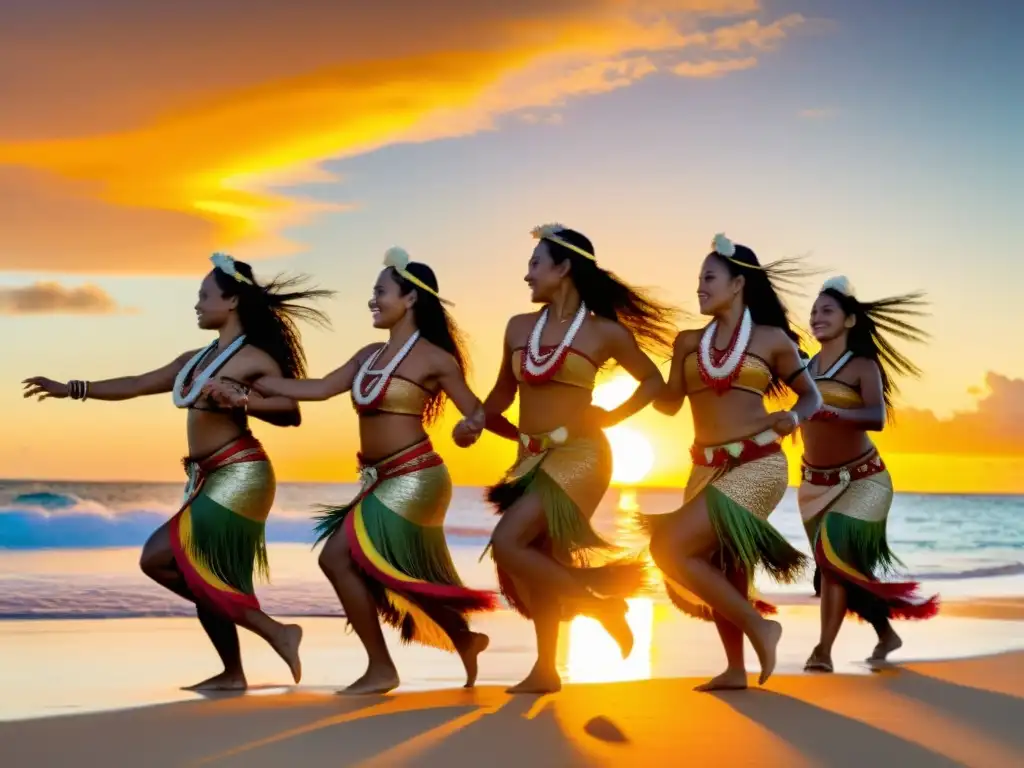 Grupo de bailarines polinesios en la playa al atardecer, expresando el significado cultural de la danza en Oceanía