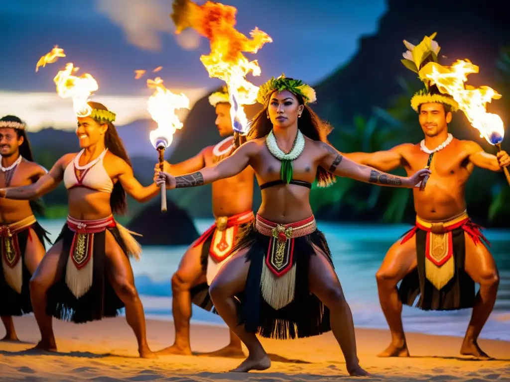 Grupo de bailarines polinesios realiza el ritual Siva Afi bajo el cálido resplandor de las antorchas