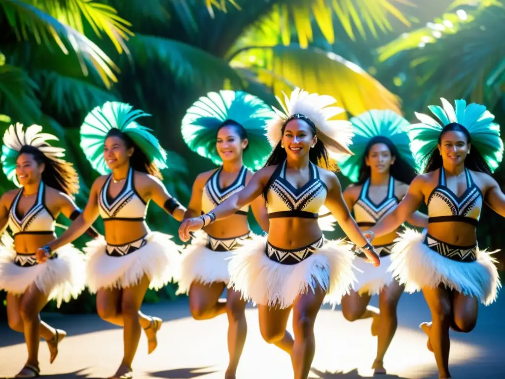 Grupo de bailarines polinesios ejecutando la evolución técnica del Ura Pau rodeados de exuberante vegetación tropical