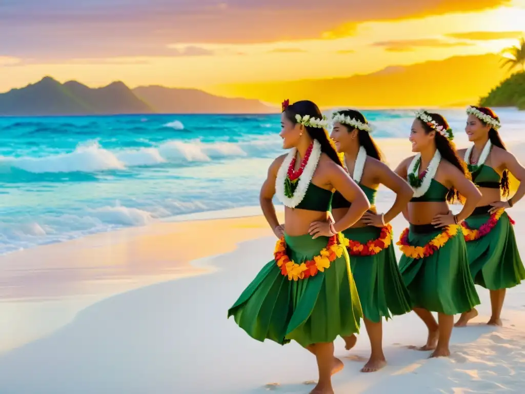 Un grupo de bailarines polinesios realiza una tradicional danza hula en una playa al atardecer, con sus coloridos trajes y el mar de fondo