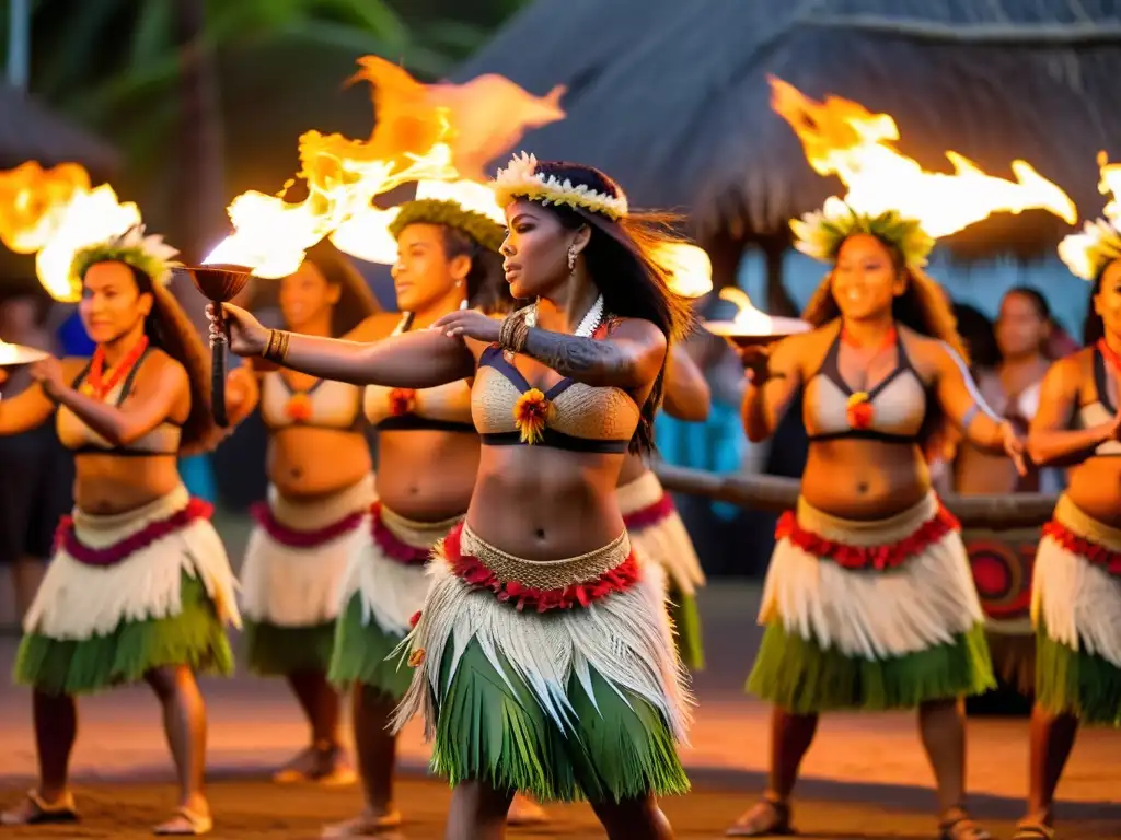 Grupo de bailarines polinesios con trajes tradicionales de hierba y brasieres de conchas de coco, realizando la danza del fuego polinesio