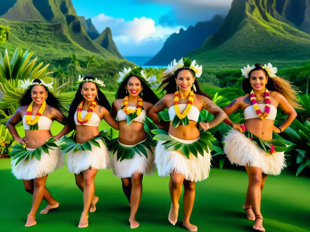 Un grupo de bailarines polinesios con trajes tradicionales y leis florales realizando una danza hula en un paisaje tropical exuberante