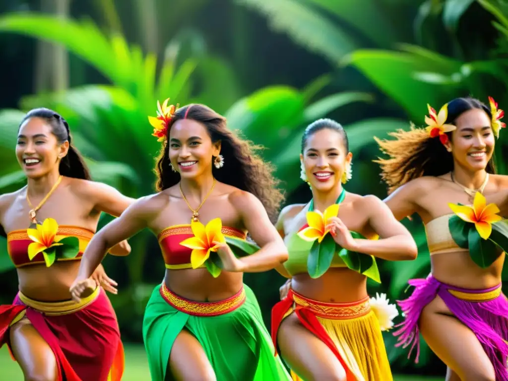 Un grupo de bailarines polinesios en trajes tradicionales danzando en un entorno tropical exuberante, reflejando alegría y determinación