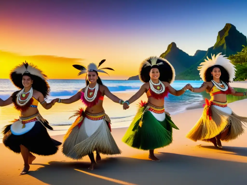 Grupo de bailarines polinesios en trajes tradicionales vibrantes, danzando en la playa al atardecer