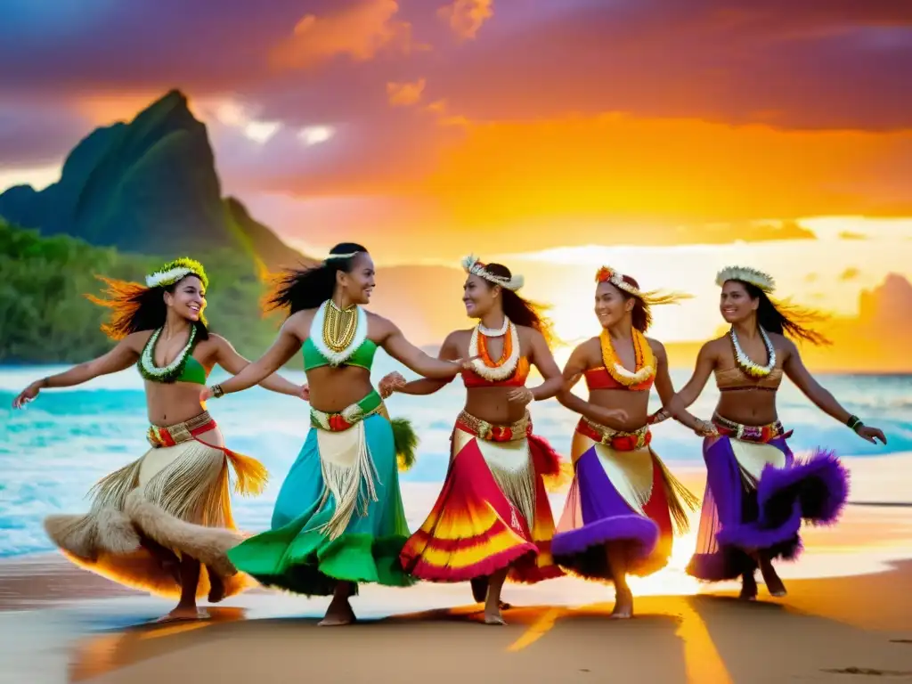 Un grupo de bailarines polinesios con trajes vibrantes bailando al atardecer en la playa