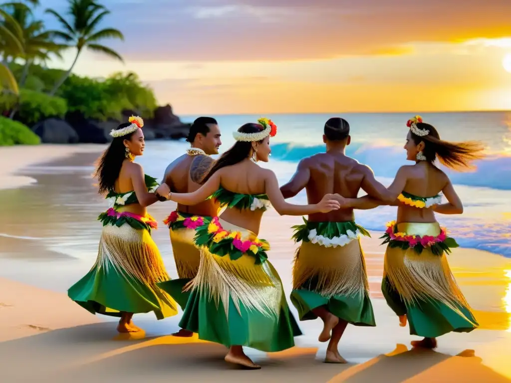 Un grupo de bailarines polinesios en trajes tradicionales realiza una danza cautivadora al atardecer en una hermosa playa