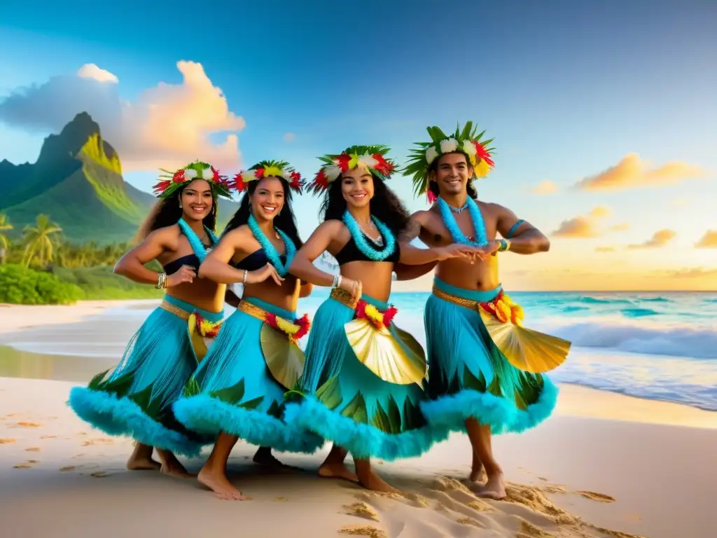 Grupo de bailarines polinesios con trajes tradicionales y collares de flores, danzando graciosamente en una playa tropical al atardecer