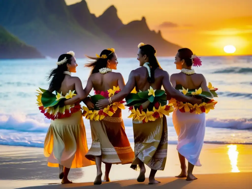 Un grupo de bailarines polinesios con trajes tradicionales en la playa al atardecer, danzando al ritmo de tambores