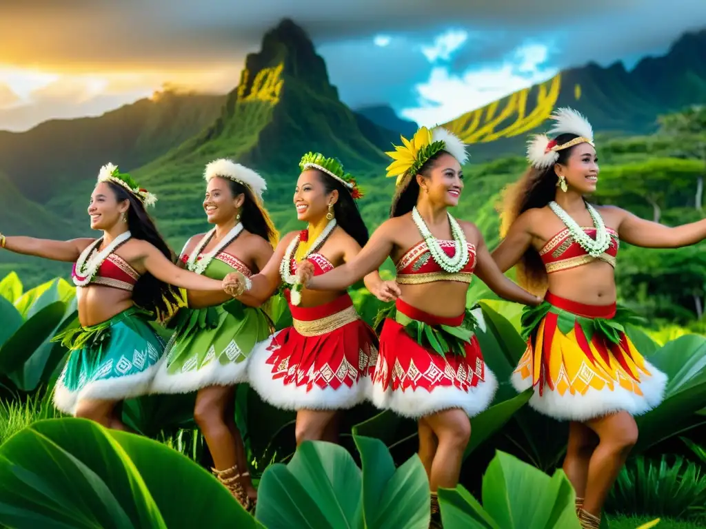 Grupo de bailarines polinesios con trajes vibrantes en medio de exuberante vegetación