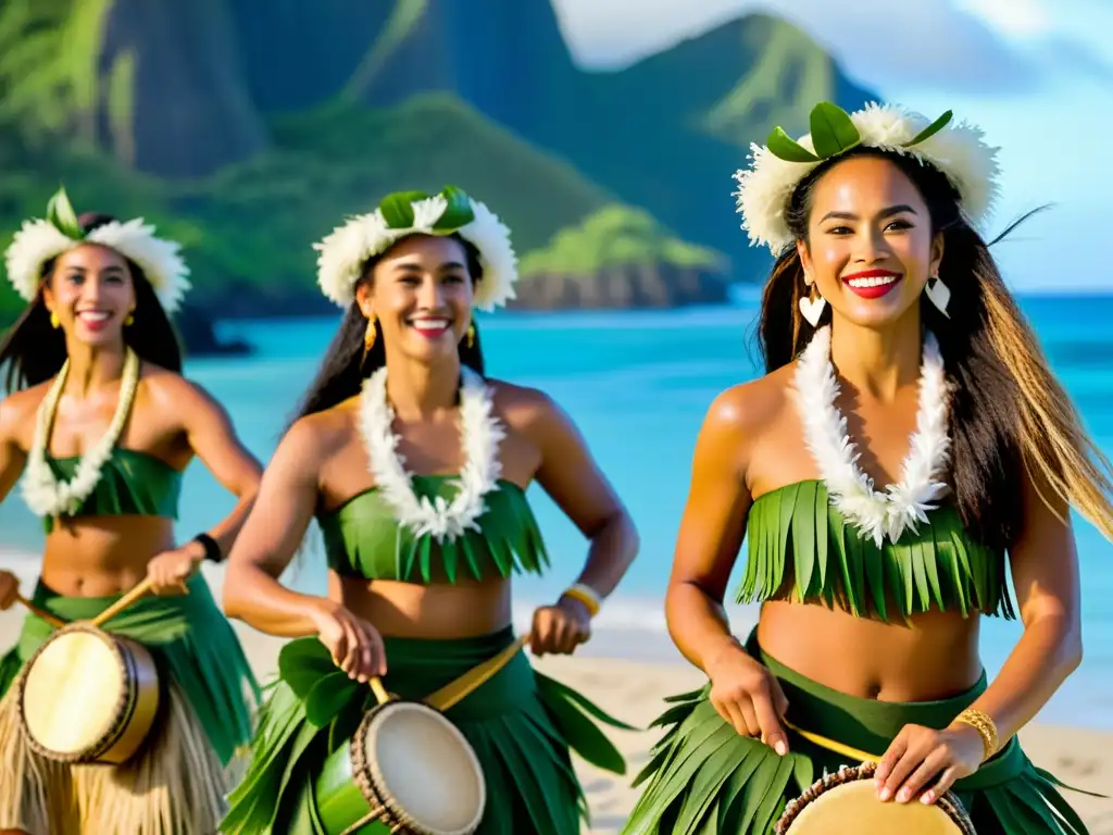 Grupo de bailarines polinesios en trajes tradicionales, danzando al ritmo de tambores, con la belleza natural de Polinesia al fondo