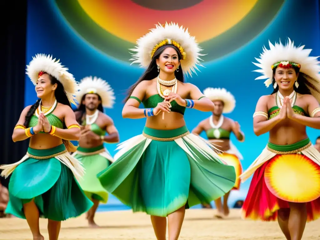 Grupo de bailarines polinesios en trajes vibrantes, danzas oceánicas, música tradicional y paisaje playero