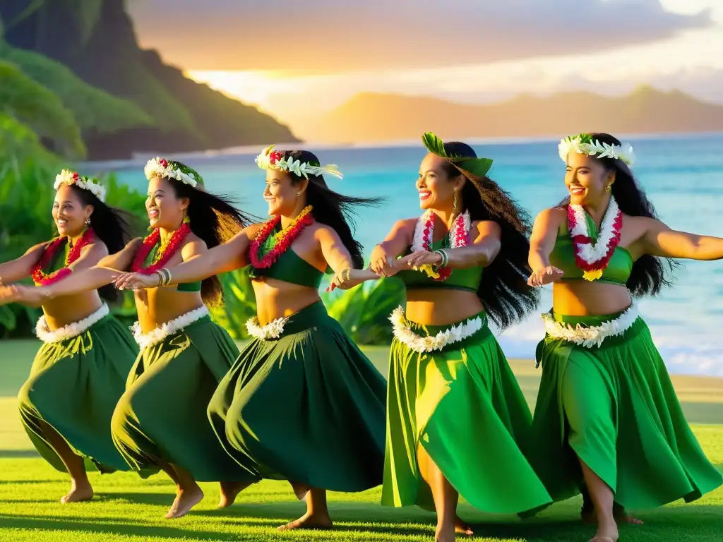 Grupo de bailarines polinesios en trajes de Hula danza al atardecer, evocando el significado cultural de la danza Hula Polinesia