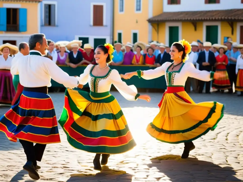 Grupo de bailarines portugueses disfrutando del Fandango en la plaza del pueblo