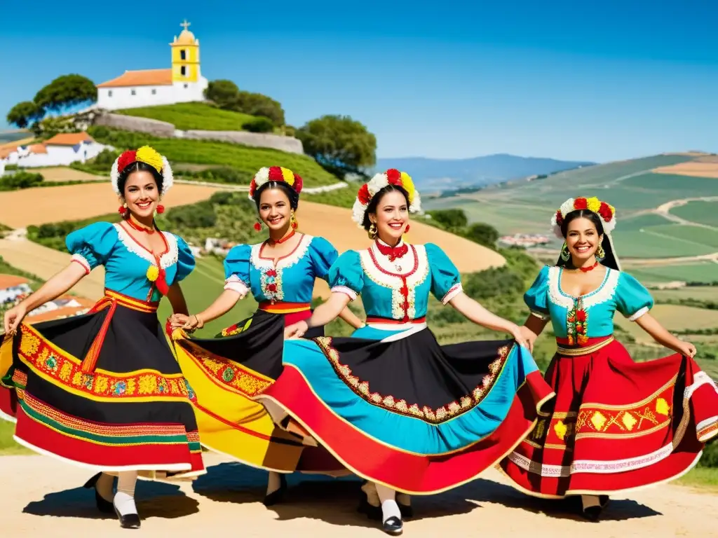 Un grupo de bailarines portugueses con trajes regionales bailando en un paisaje rural, capturando la energía de la danza folclórica de Portugal