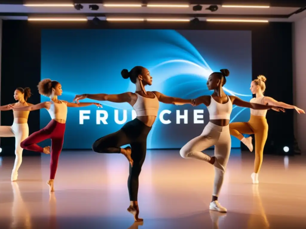 Grupo de bailarines en poses diversas, rodeados por tecnología de vanguardia y un estudio moderno