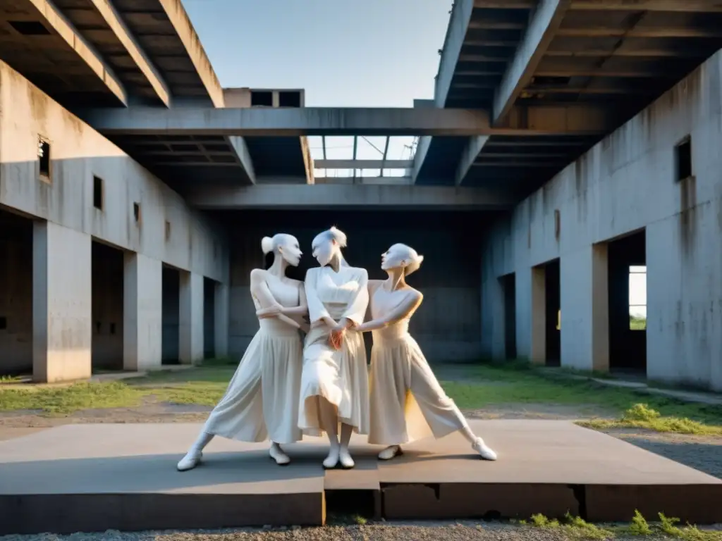 Un grupo de bailarines Butoh en poses inquietantes, evocando emociones crudas y catarsis espiritual