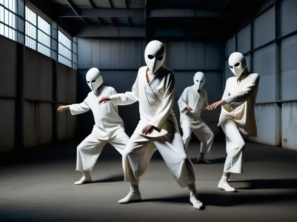 Grupo de bailarines Butoh en poses surrealistas contra un fondo industrial, evocando los principios de aprendizaje danza Butoh