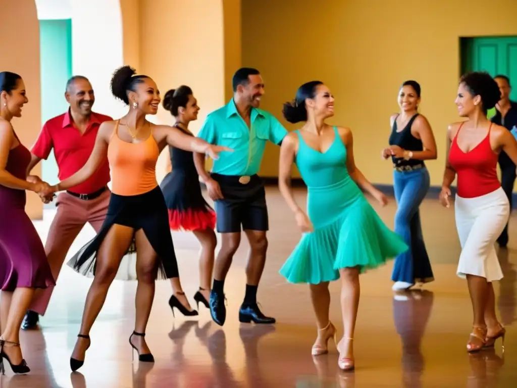 Un grupo de bailarines principiantes disfruta de clases de salsa cubana en pareja, enérgicos y llenos de alegría mientras aprenden la Rueda de Casino