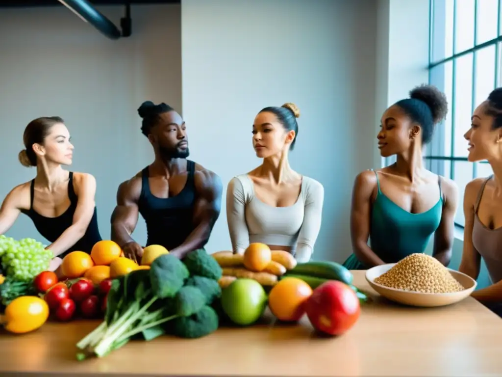 Un grupo de bailarines profesionales disfrutan de alimentos ricos en carbohidratos en su estudio, destacando la importancia de estos nutrientes para la energía en la danza