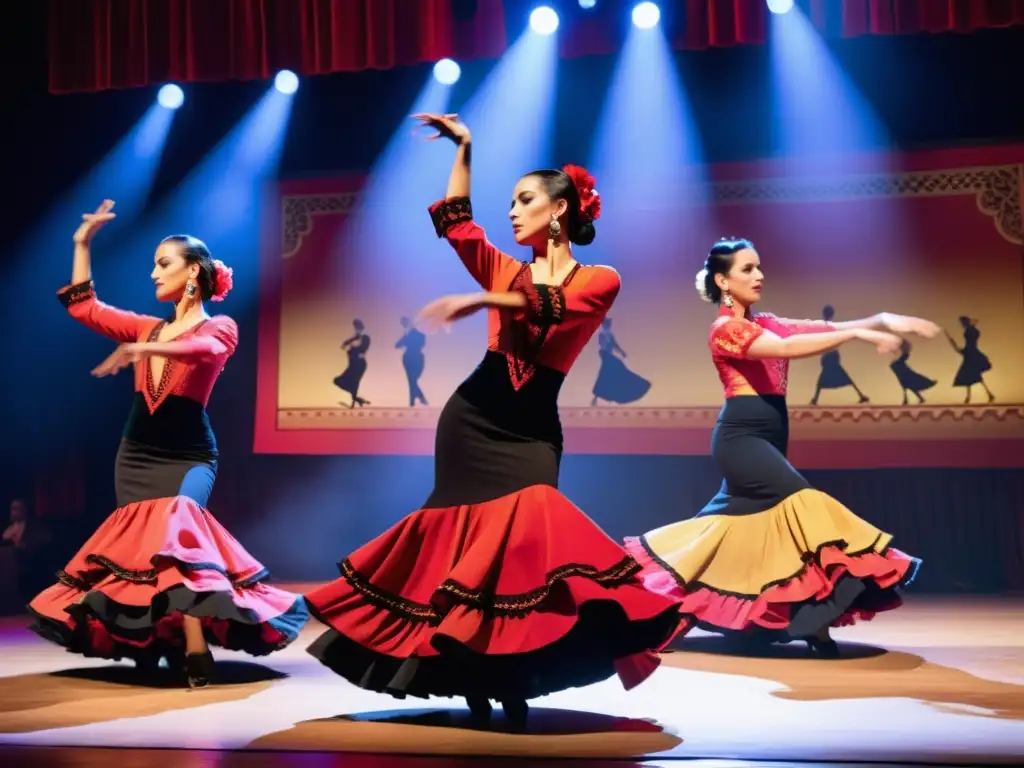 Un grupo de bailarines profesionales ejecuta una apasionada rutina de flamenco en un escenario decorado con elementos tradicionales españoles