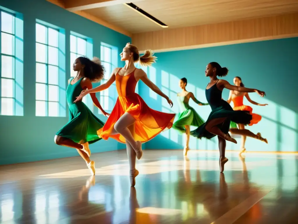 Un grupo de bailarines profesionales en coloridos trajes ensayan en un estudio soleado, capturando la gracia de sus movimientos en el aire