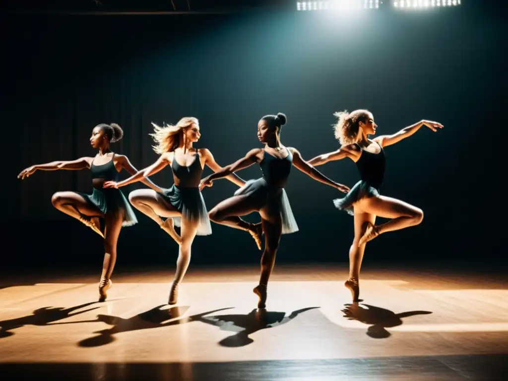 Grupo de bailarines profesionales ejecutando una compleja rutina en un estudio, destacando técnicas de sincronización de música con pasión y energía