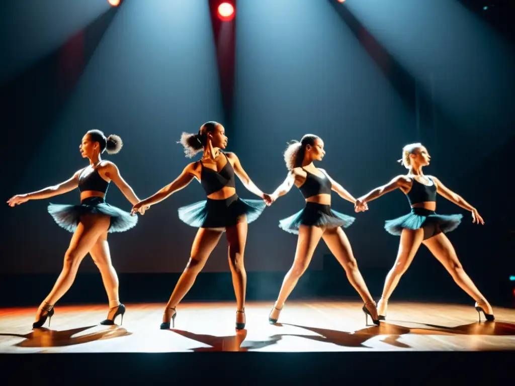 Un grupo de bailarines profesionales ejecuta una coreografía sincronizada en el escenario, transmitiendo destreza y armonía con la música