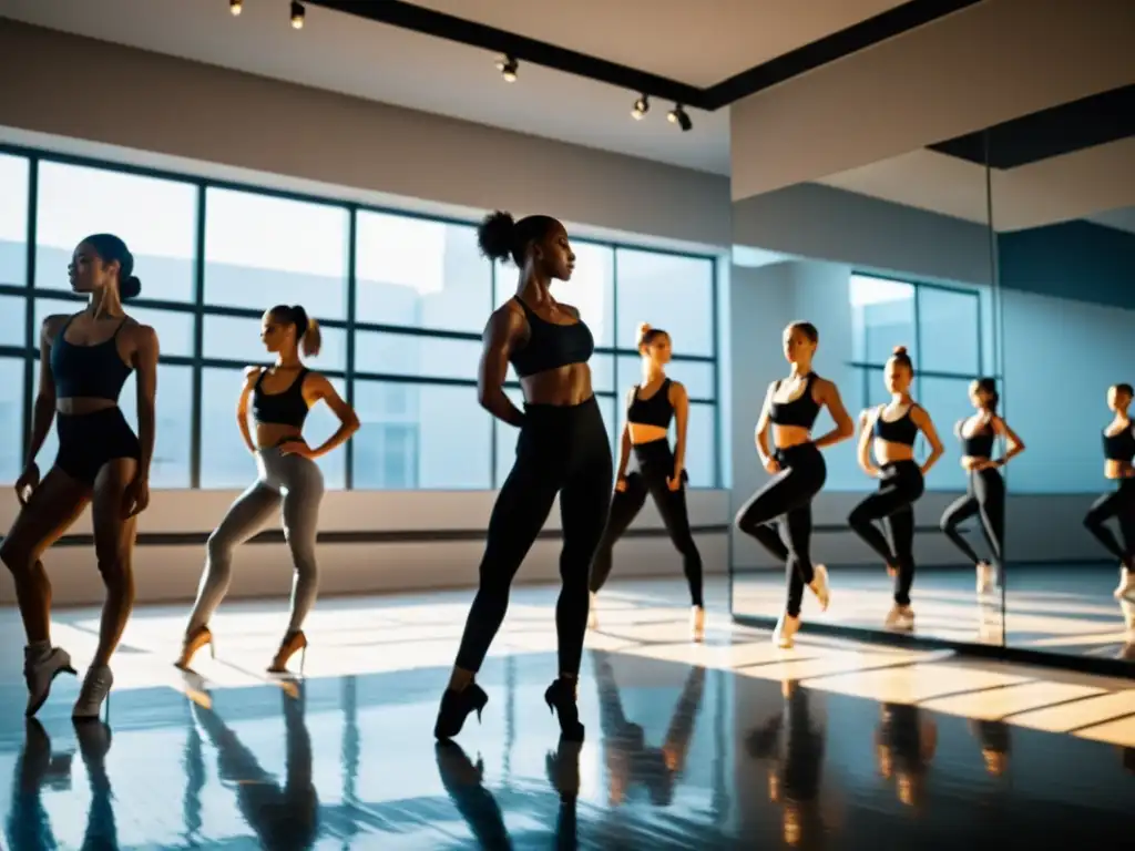 Un grupo de bailarines profesionales ensayando una coreografía compleja con intensa concentración, músculos definidos y sudor brillante