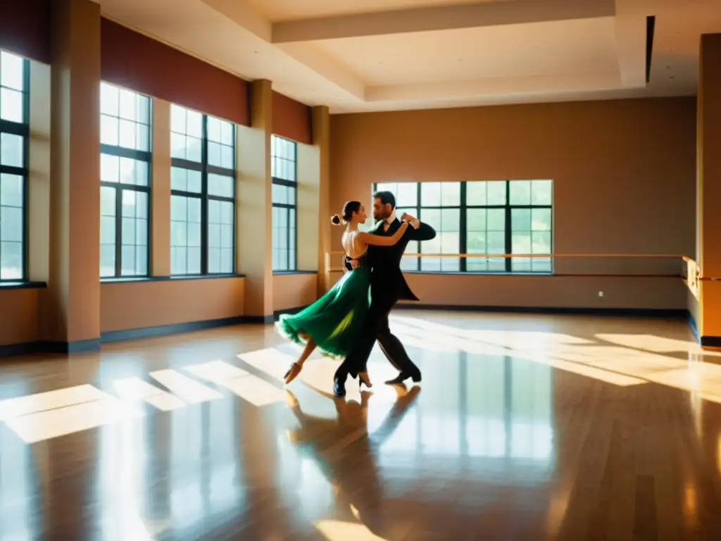 Un grupo de bailarines profesionales ensaya con pasión para el Blackpool Dance Festival, mostrando elegancia y preparación en un estudio luminoso