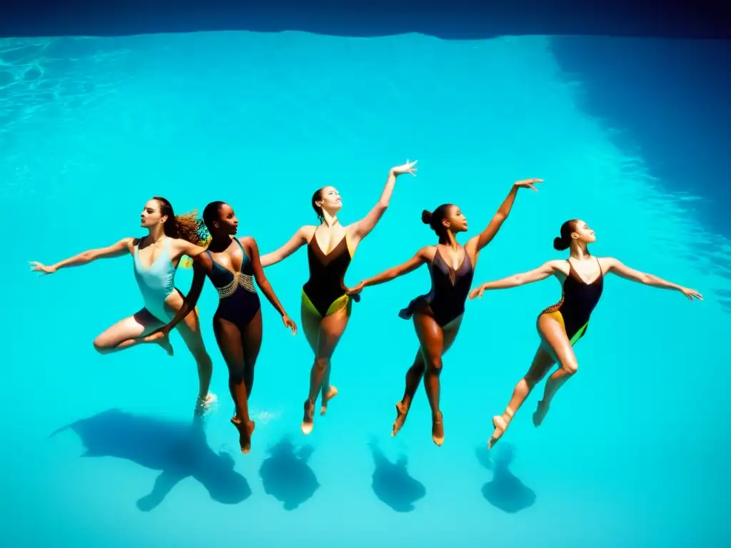 Un grupo de bailarines profesionales realizando elegantes movimientos sincronizados en una piscina clara y brillante