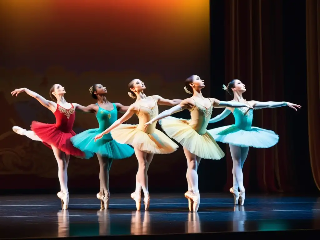 Grupo de bailarines profesionales en elegantes trajes coloridos, realizando un salto grácil en un teatro iluminado con destreza y pasión por la danza