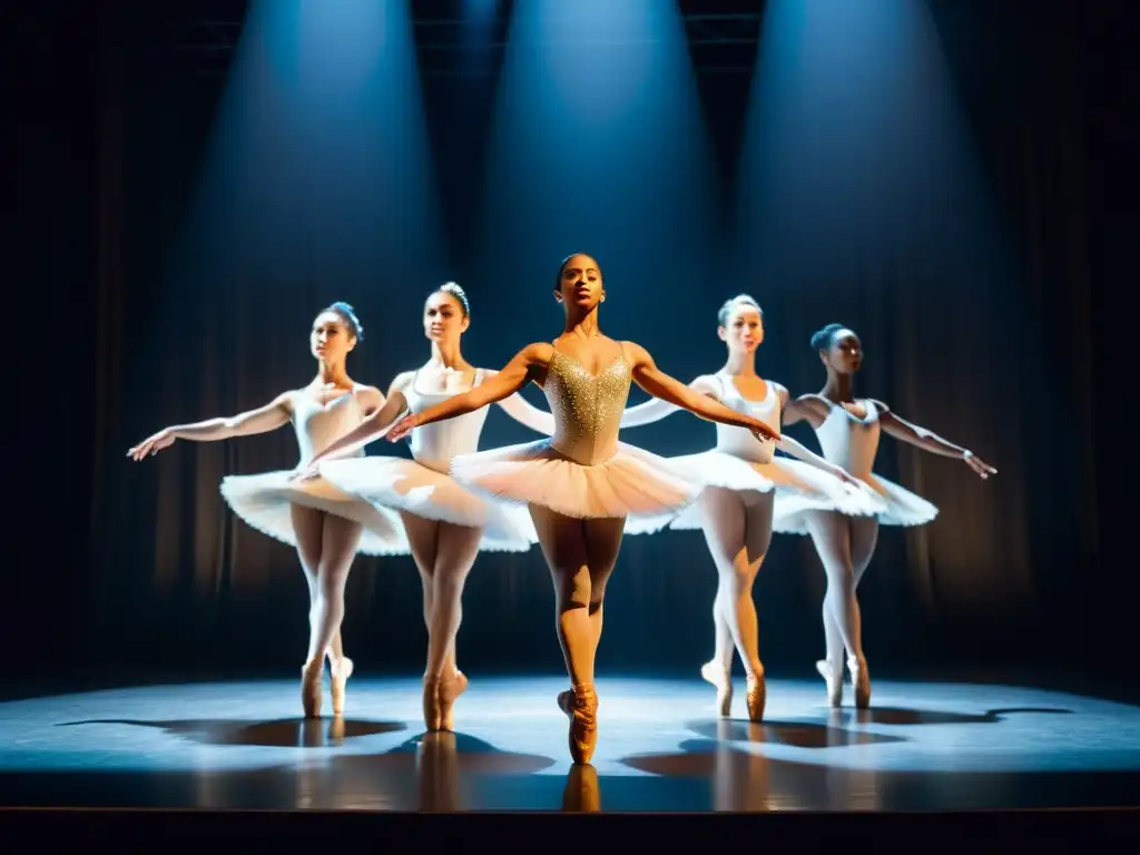 Grupo de bailarines profesionales en elegantes trajes, mostrando fuerza, flexibilidad y arte en el escenario