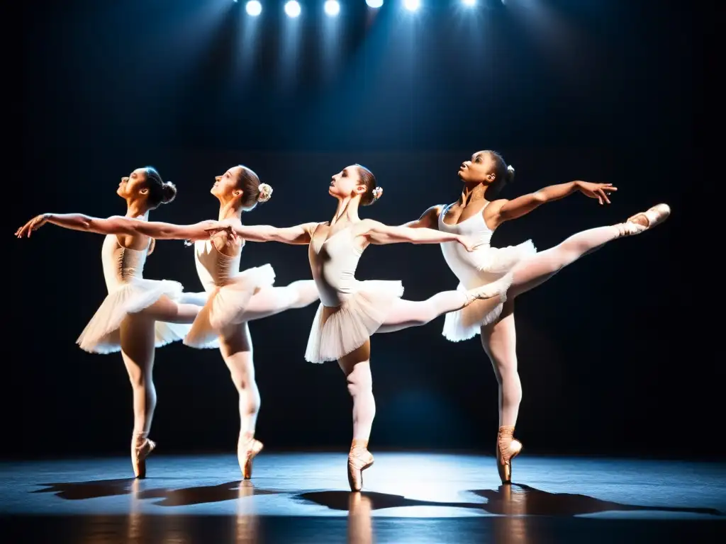 Grupo de bailarines profesionales ejecutando un emocionante baile en el escenario, destacando la importancia antioxidantes en recuperación bailarín