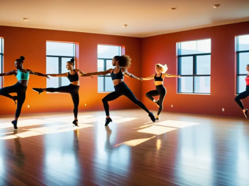 Grupo de bailarines profesionales ejecutando un enérgico programa de cardio en un estudio amplio, con luz natural y movimientos dinámicos