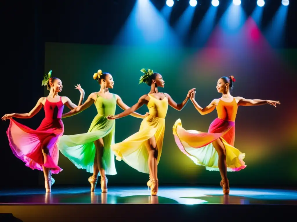 Grupo de bailarines profesionales en el escenario, con frutas en mano, demostrando la conexión entre la nutrición y el rendimiento en la danza