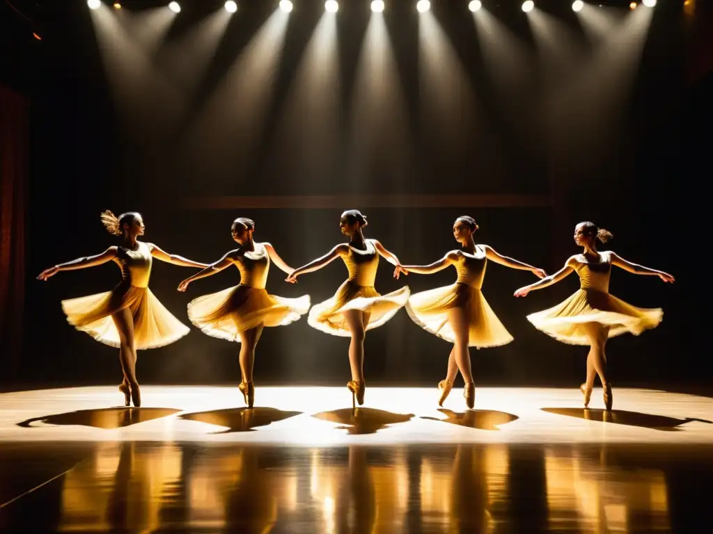 Grupo de bailarines profesionales en un escenario iluminado con técnicas de iluminación para danza, capturando la magia y energía del baile