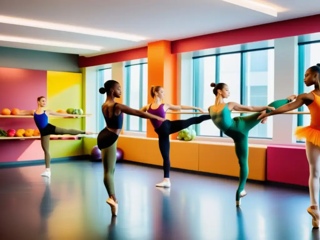 Grupo de bailarines profesionales en un estudio bien iluminado, practicando movimientos de ballet con gracia y fuerza