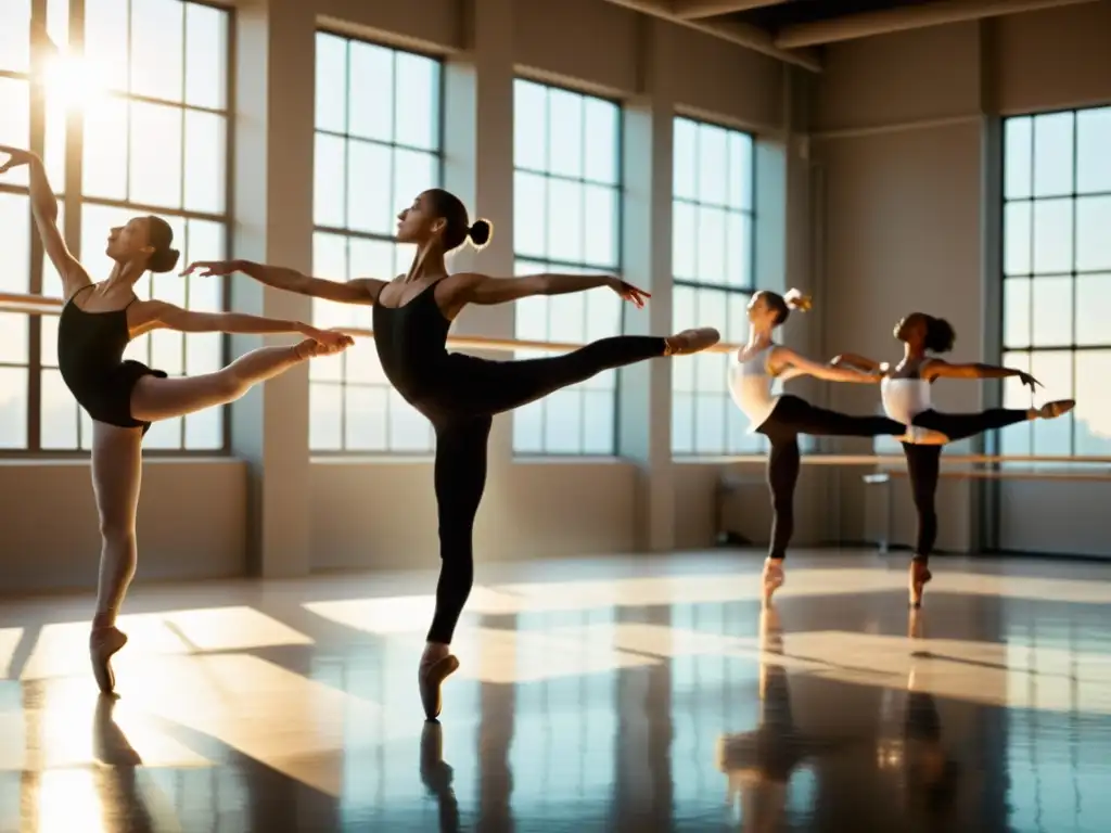 Un grupo de bailarines profesionales practicando en un estudio lleno de luz solar, ejecutando una coreografía compleja con gracia y determinación