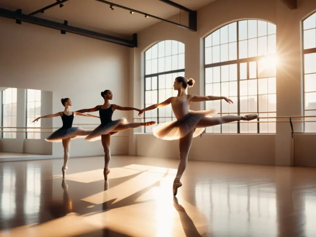 Grupo de bailarines profesionales en un estudio amplio y soleado, mostrando gracia y fuerza