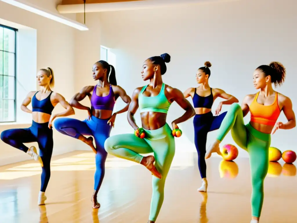 Un grupo de bailarines profesionales practican en un estudio brillantemente iluminado, resaltando la importancia de la nutrición en la danza