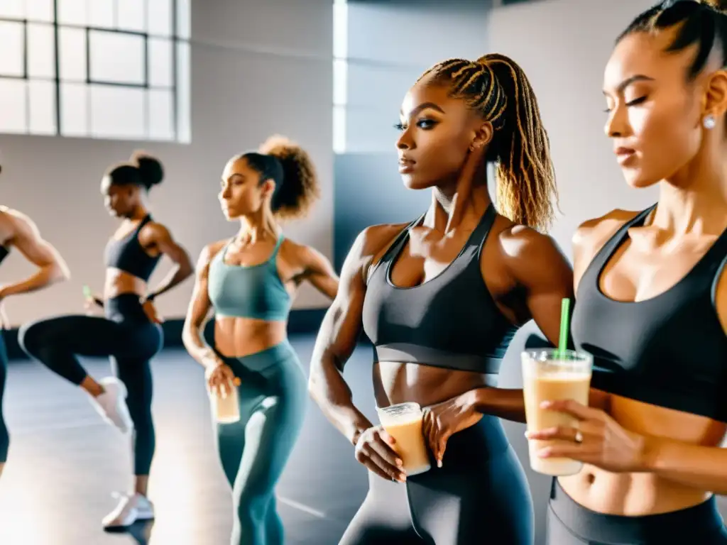 Grupo de bailarines profesionales se preparan para actuar en un estudio bien iluminado, con batidos de proteínas en mano