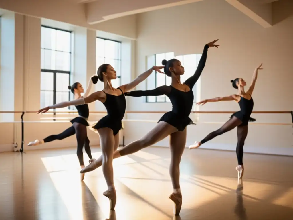 Un grupo de bailarines profesionales ensayando en un estudio espacioso y soleado, reflejando su dedicación y fuerza