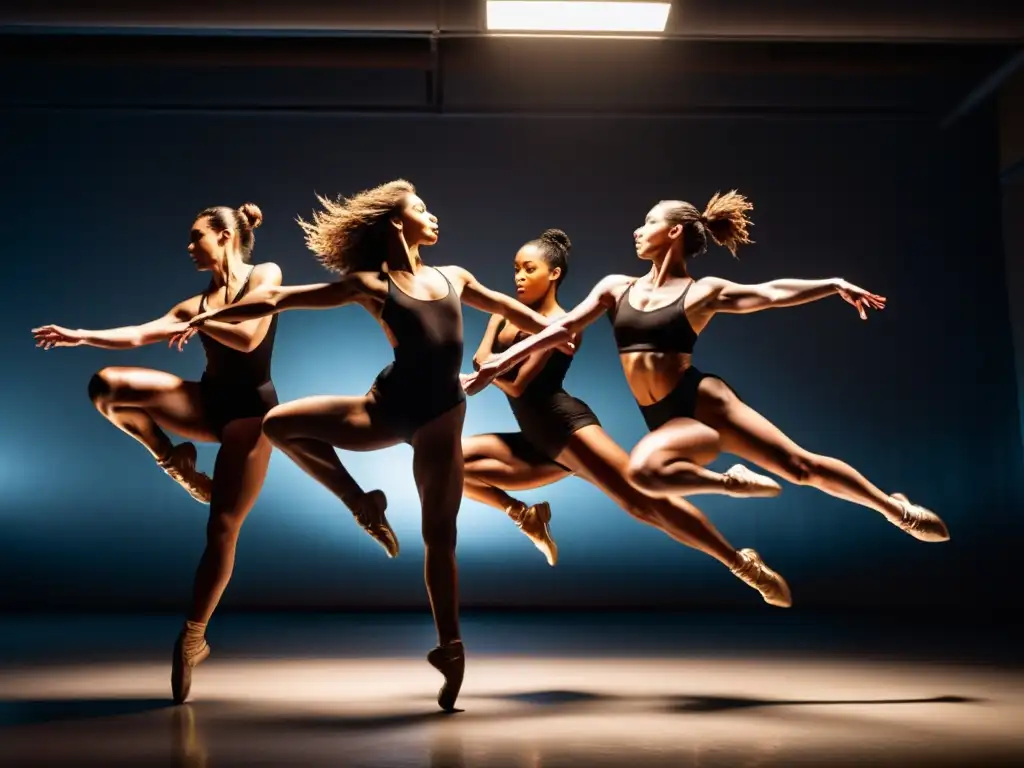 Un grupo de bailarines profesionales en un estudio tenue, congelados en un dinámico salto en el aire