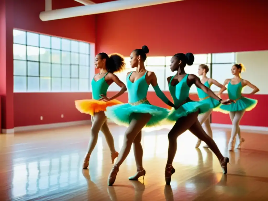 Un grupo de bailarines profesionales en un estudio de baile, ejecutando coreografías con sincronización y pasión al ritmo de la música