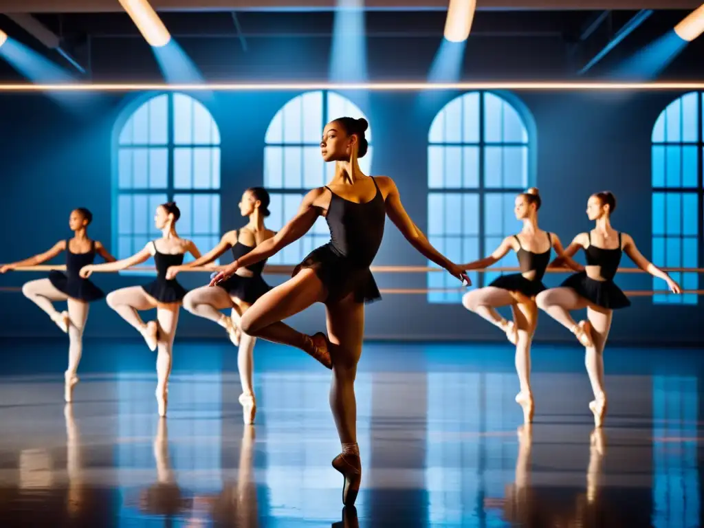 Grupo de bailarines profesionales en estudio de danza iluminado, demostrando destreza y gracia