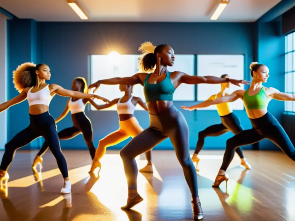 Grupo de bailarines profesionales en estudio de baile, preparándose física y mentalmente para mejorar desempeño en ensayos y competiciones