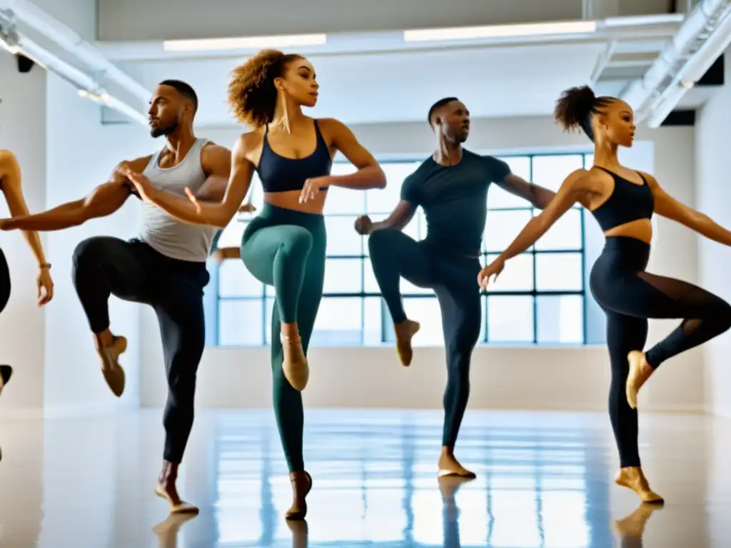 Grupo de bailarines profesionales en estudio luminoso, movimientos fluidos y expresiones serenas